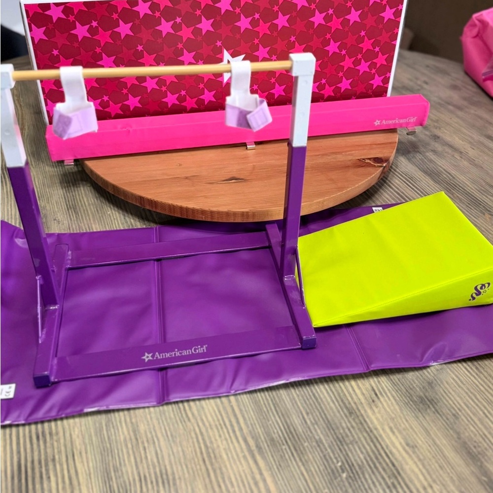 American Girl Gymnastics Set with Purple and Pink Equipment in original box